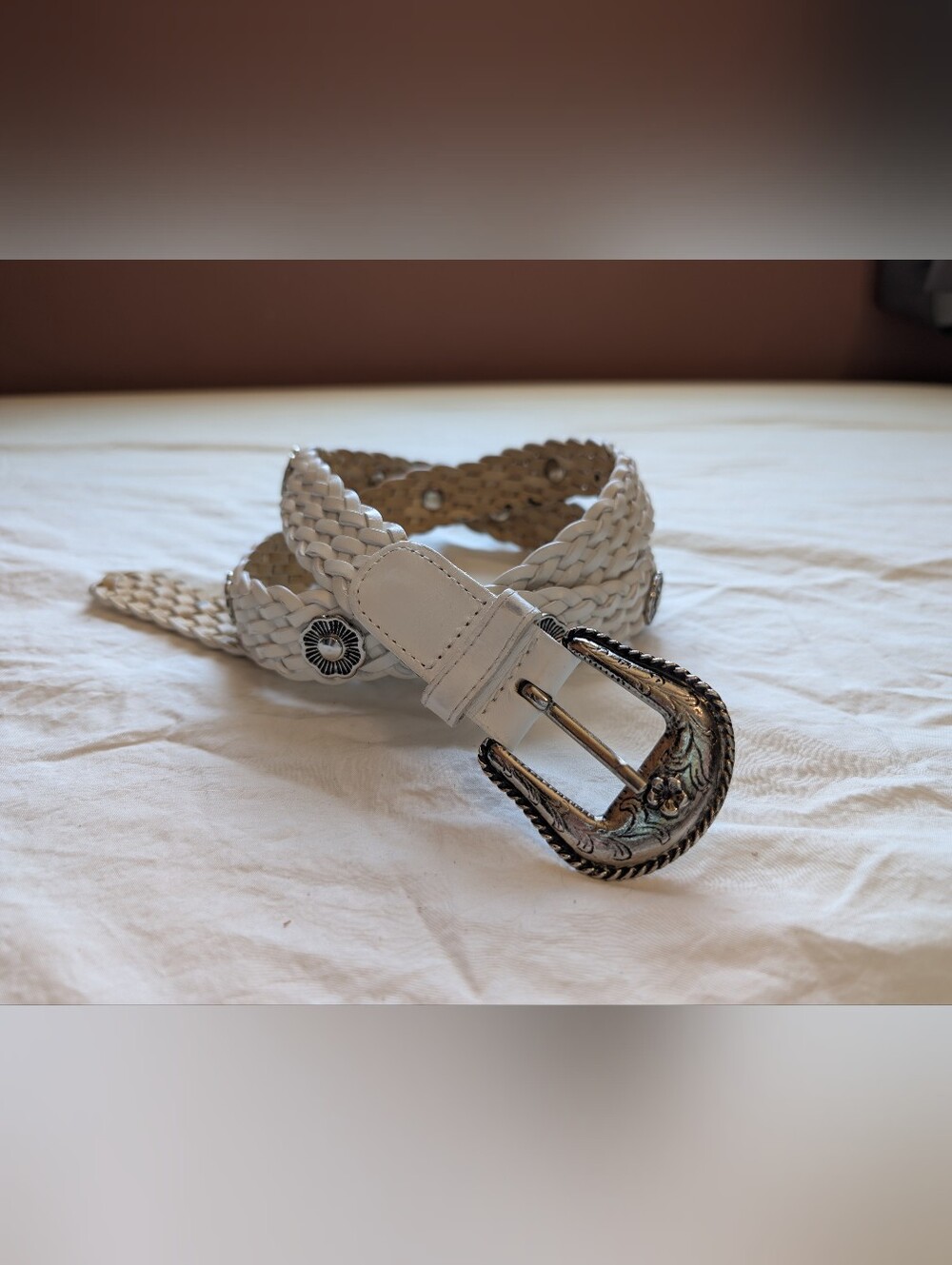Vintage Western Style Braided Leather Belt With Silver Toned Hardware